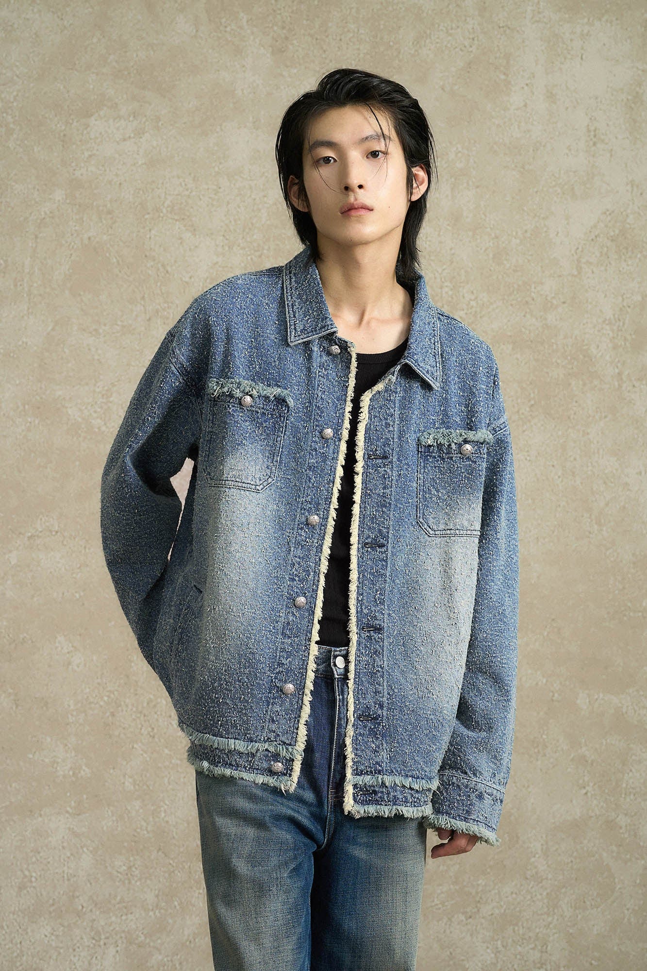 BONELESS Washed Frayed Edge Denim Jacket