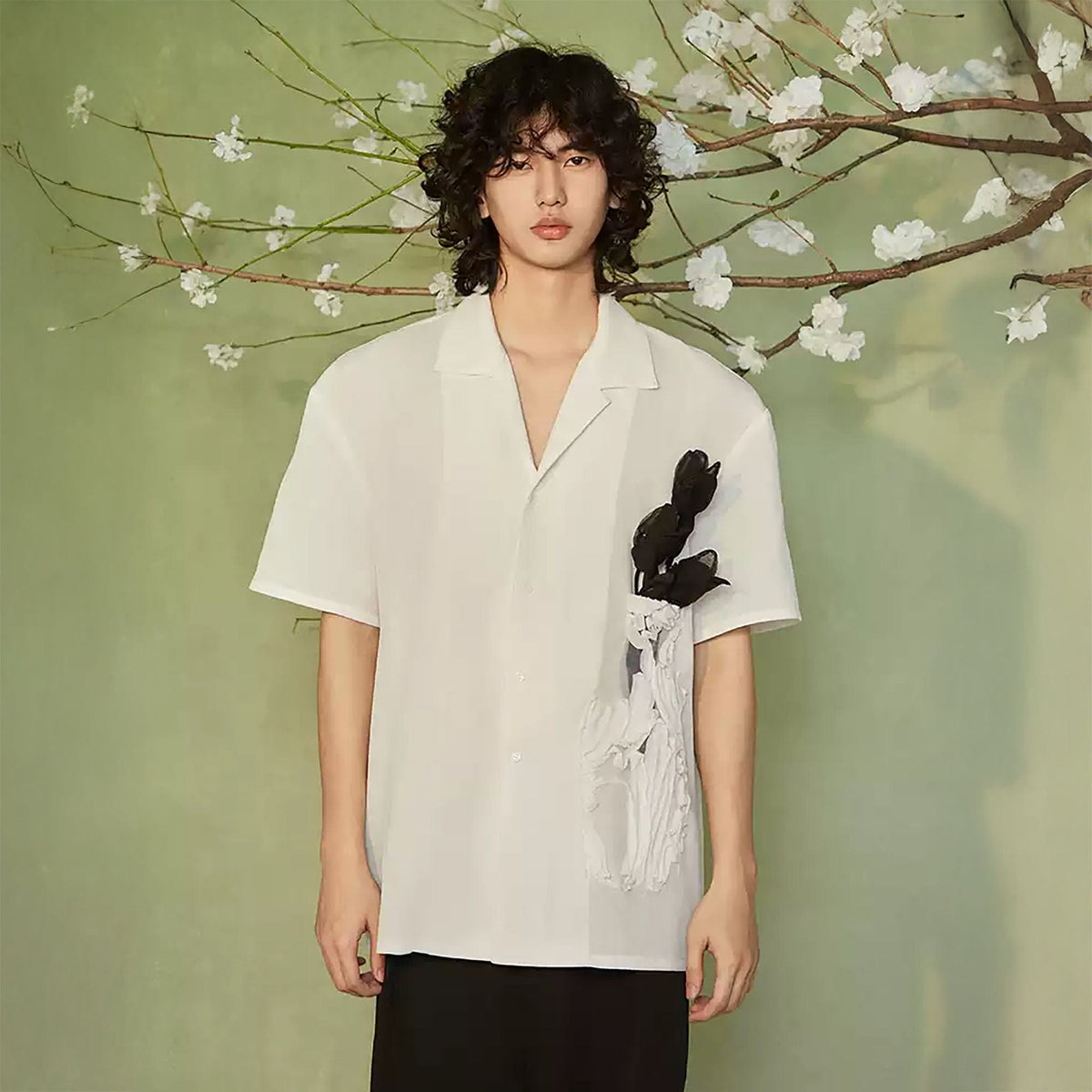 JIECHI Bottled Bloom Sheer Half Shirt