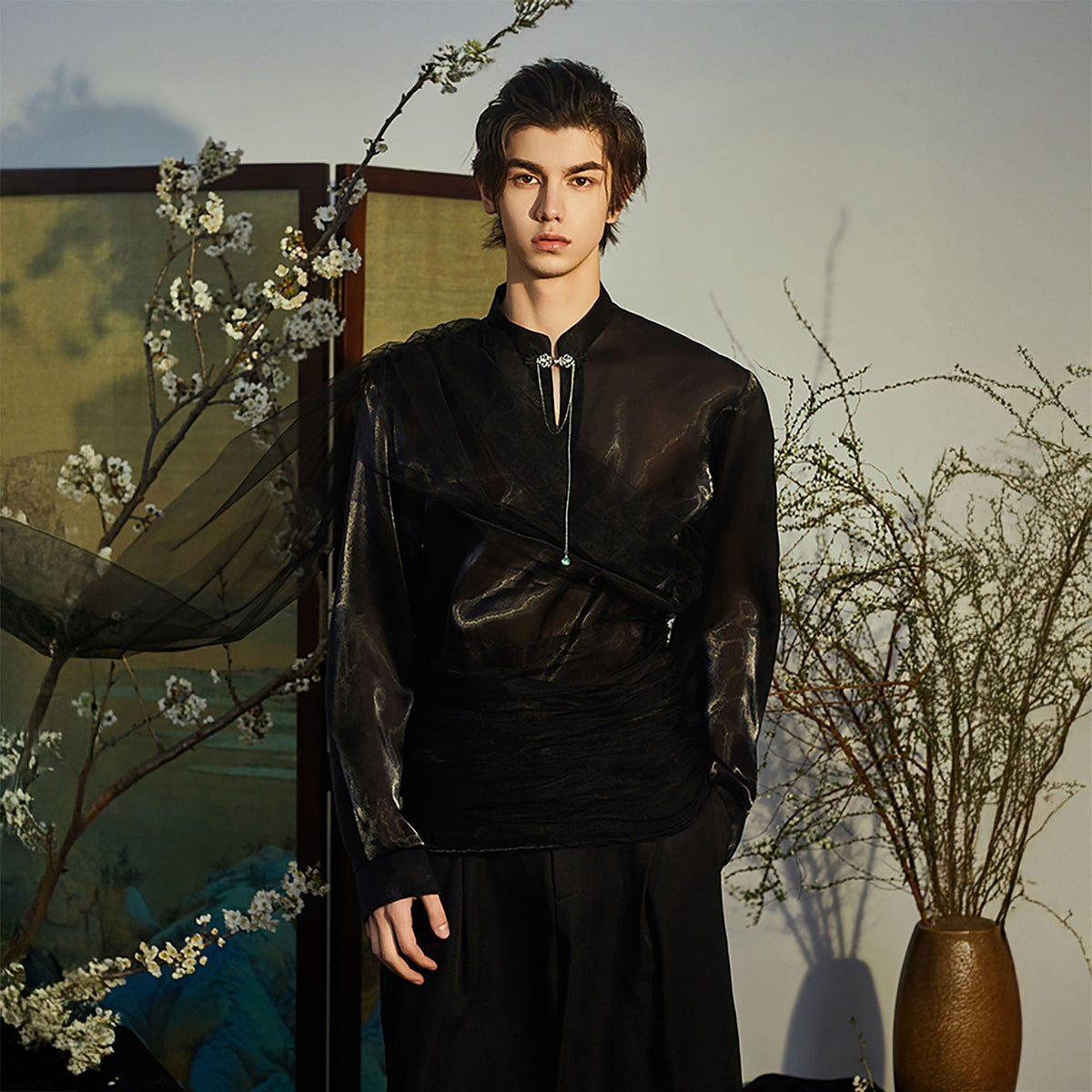 JIECHI Draped Sheer Brooch Organza Shirt
