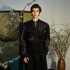 JIECHI Draped Sheer Brooch Organza Shirt