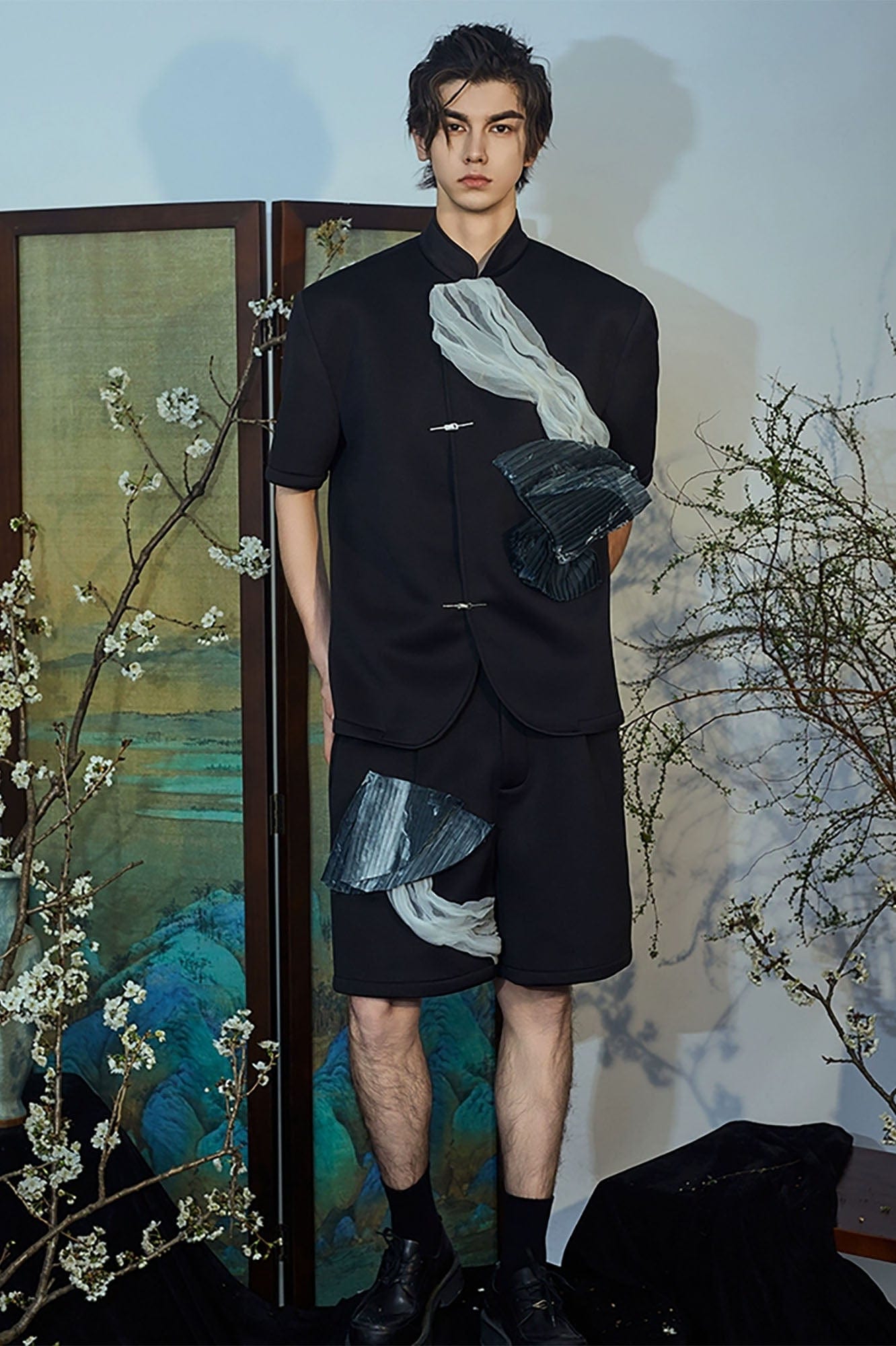 JIECHI Crinkled Tulle Layered Mandarin Collar Half Shirt