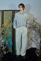 JIECHI Vine Rose Embroidered Striped Shirt