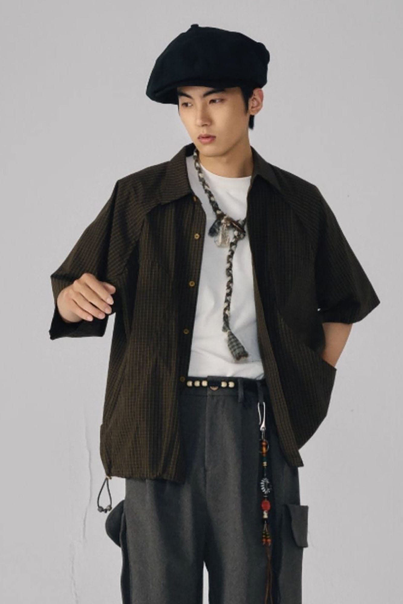 GONGHE REPUB Retro Checked Curved Spliced Drawstring Half Shirt