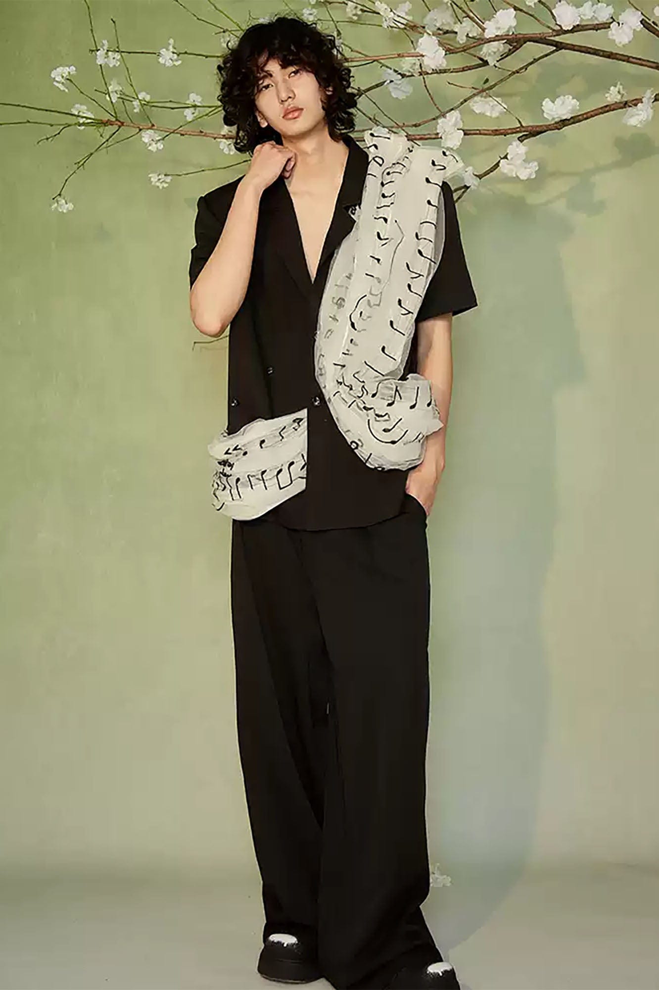 JIECHI Musical Score Layered Tulle Drape Half Shirt