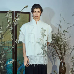 JIECHI Embroidered Bamboo Layered Mandarin Collar Half Shirt