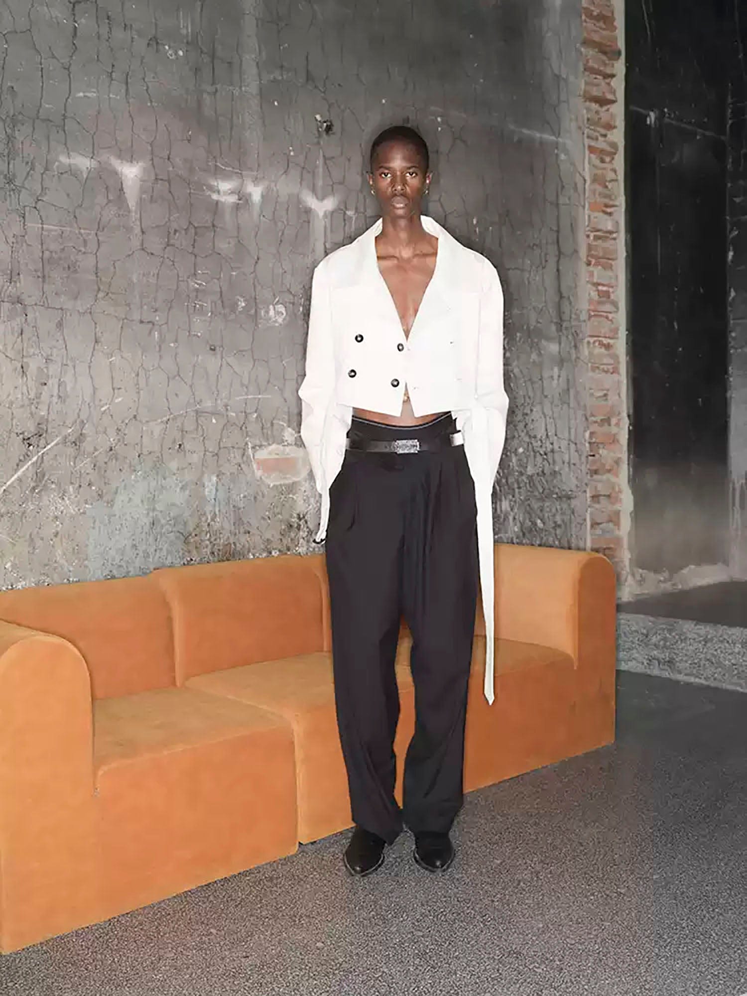 TRIANGLE PROJECT Cropped Asymmetrical Double-Breasted Cropped Jacket