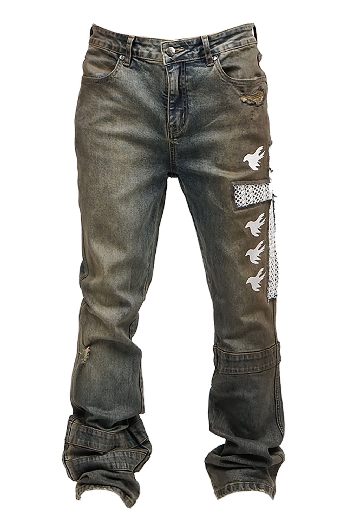 VINKID Cutout Cross & Peace Dove Patchwork Washed Jeans