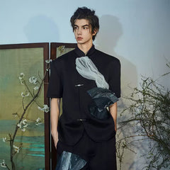 JIECHI Crinkled Tulle Layered Mandarin Collar Half Shirt