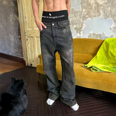 TRIANGLE PROJECT Dirty-Washed Paint-Splattered Straight-Leg Denim Pants
