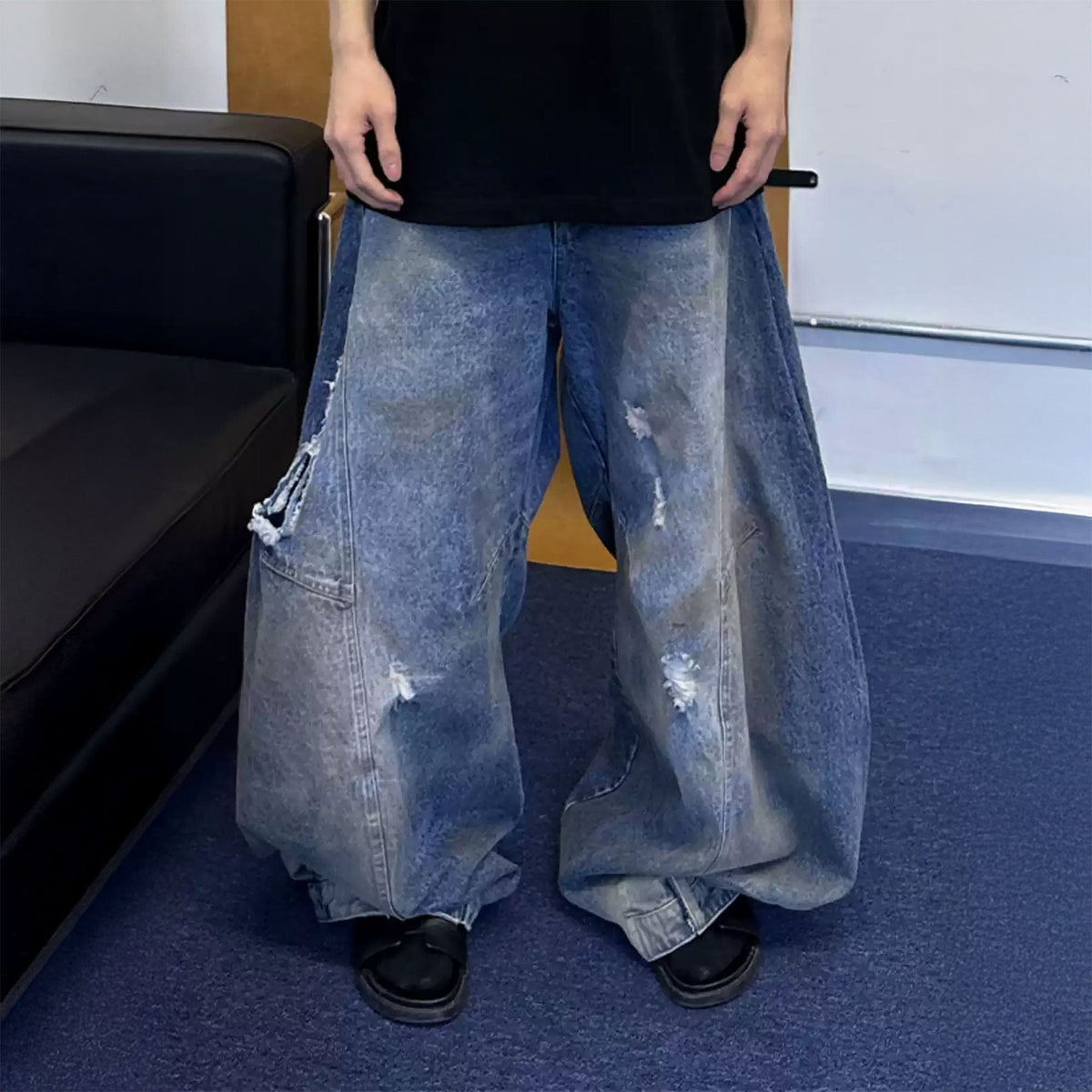 TRIANGLE PROJECT Distressed Dirty-Washed Oversized Jeans