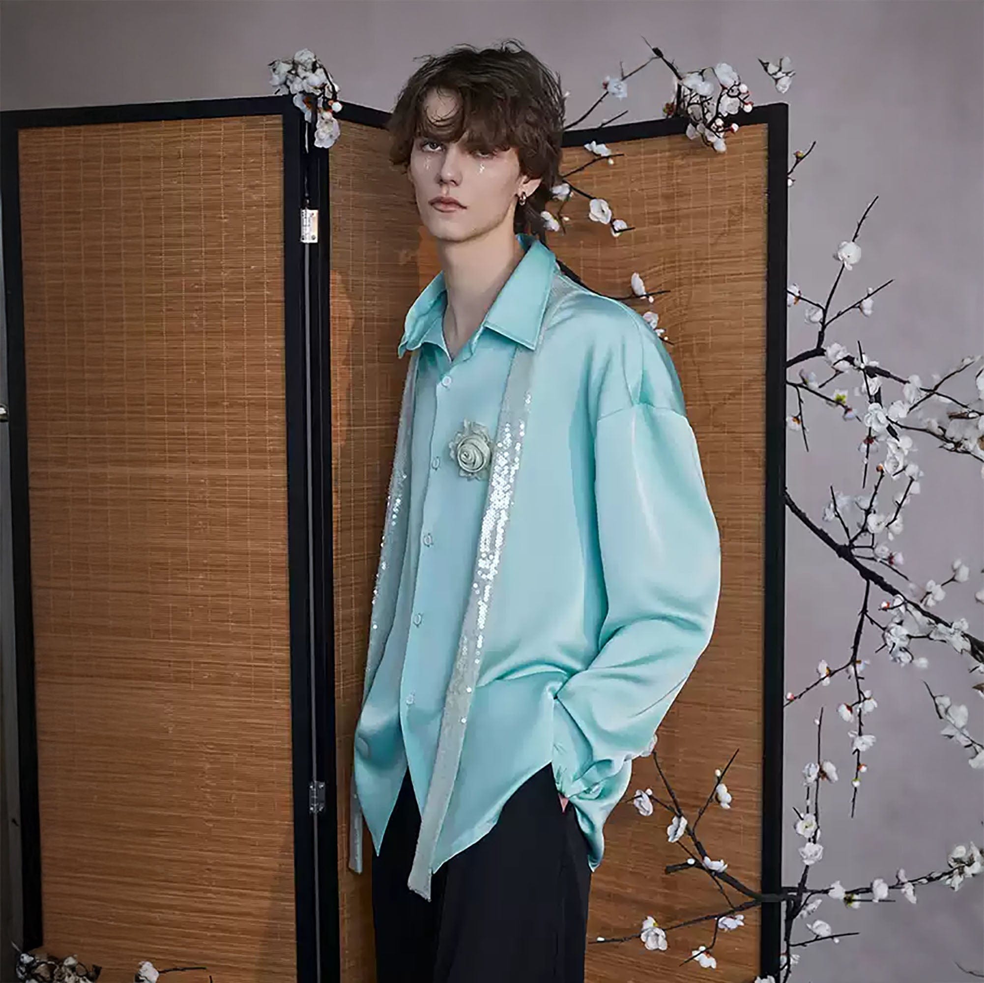 JIECHI Bloom Sequin-Draped Satin Shirt Aqua