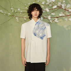 JIECHI Seascape Koi Embroidered Asymmetrical Half Shirt