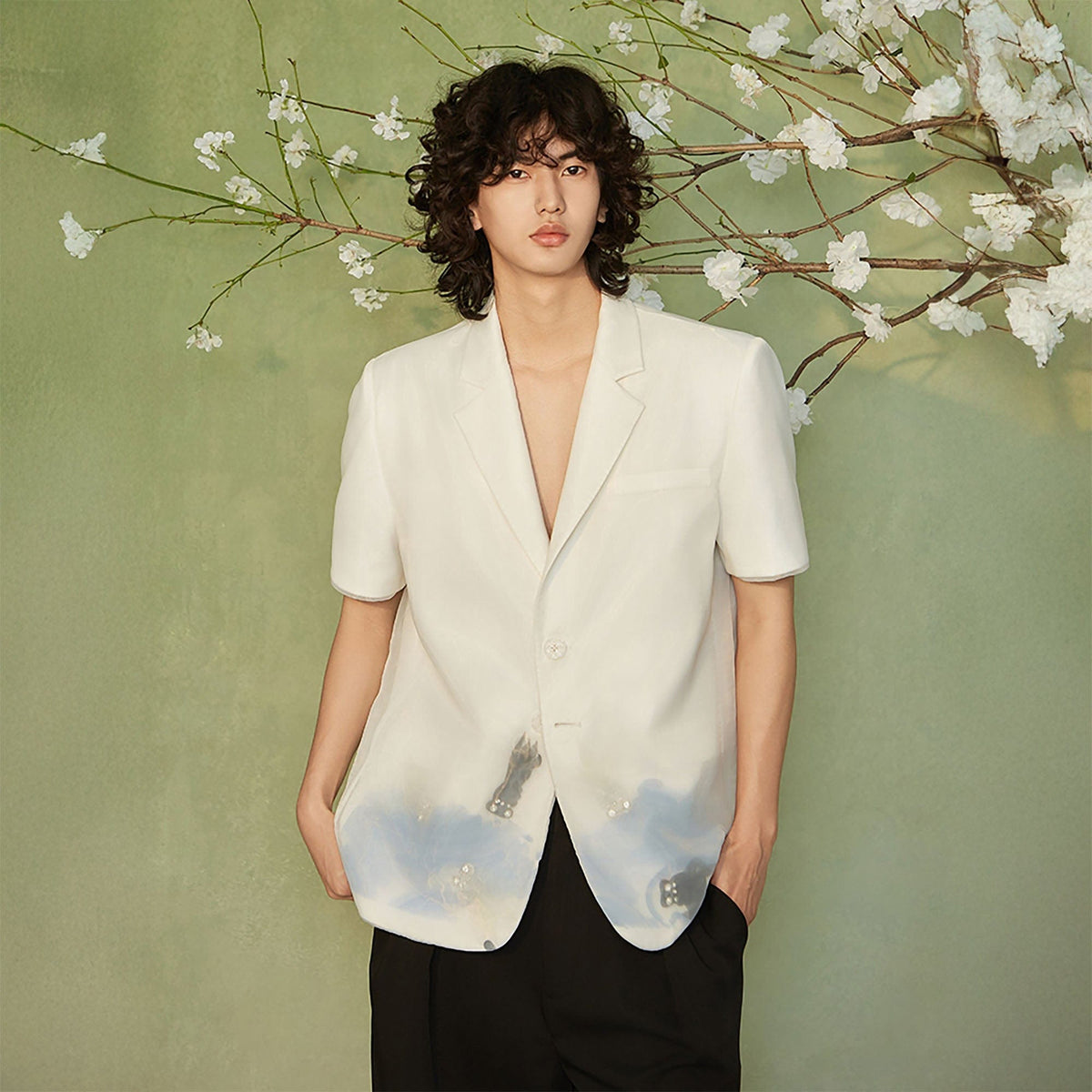 JIECHI Water-Ink Koi Embroidered Sheer Overlay Half Blazer