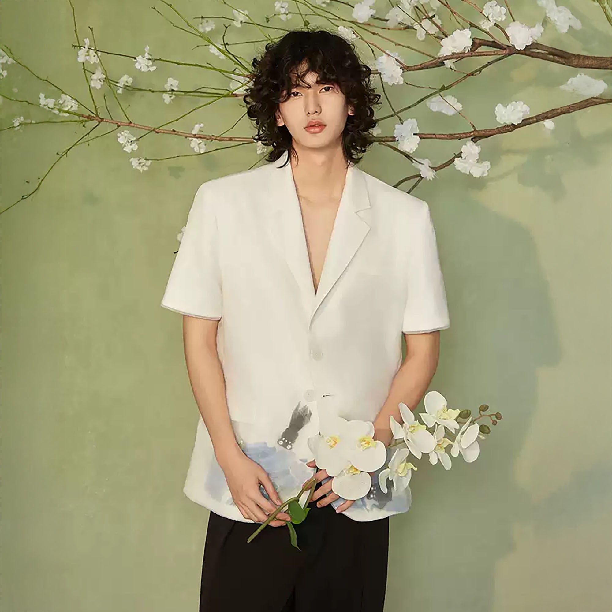 JIECHI Water-Ink Koi Embroidered Sheer Overlay Half Blazer