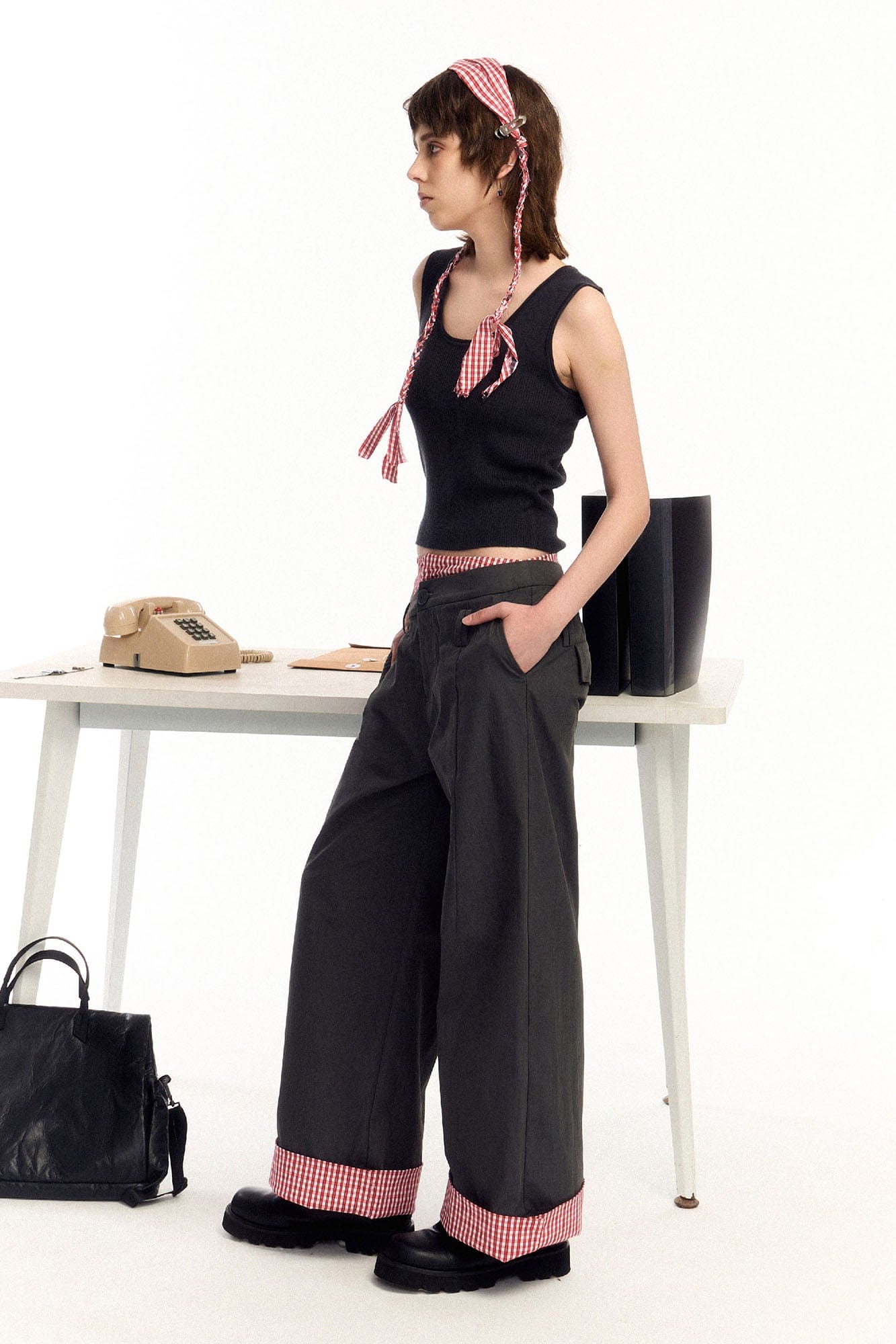 OIPWORD Asymmetrical Waist Faux-Layered Wide-Leg Pants