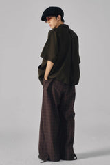GONGHE REPUB Retro Checked Curved Spliced Drawstring Half Shirt