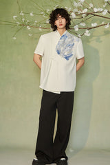 JIECHI Seascape Koi Embroidered Asymmetrical Half Shirt