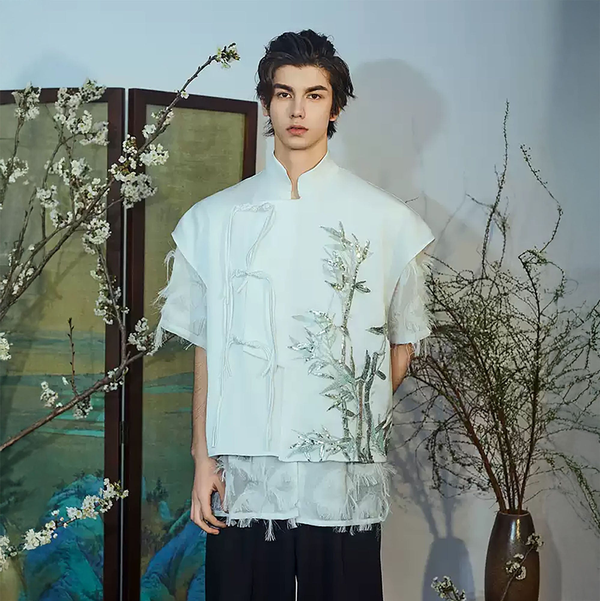 JIECHI Embroidered Bamboo Layered Mandarin Collar Half Shirt