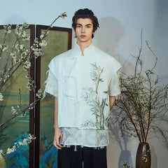 JIECHI Embroidered Bamboo Layered Mandarin Collar Half Shirt