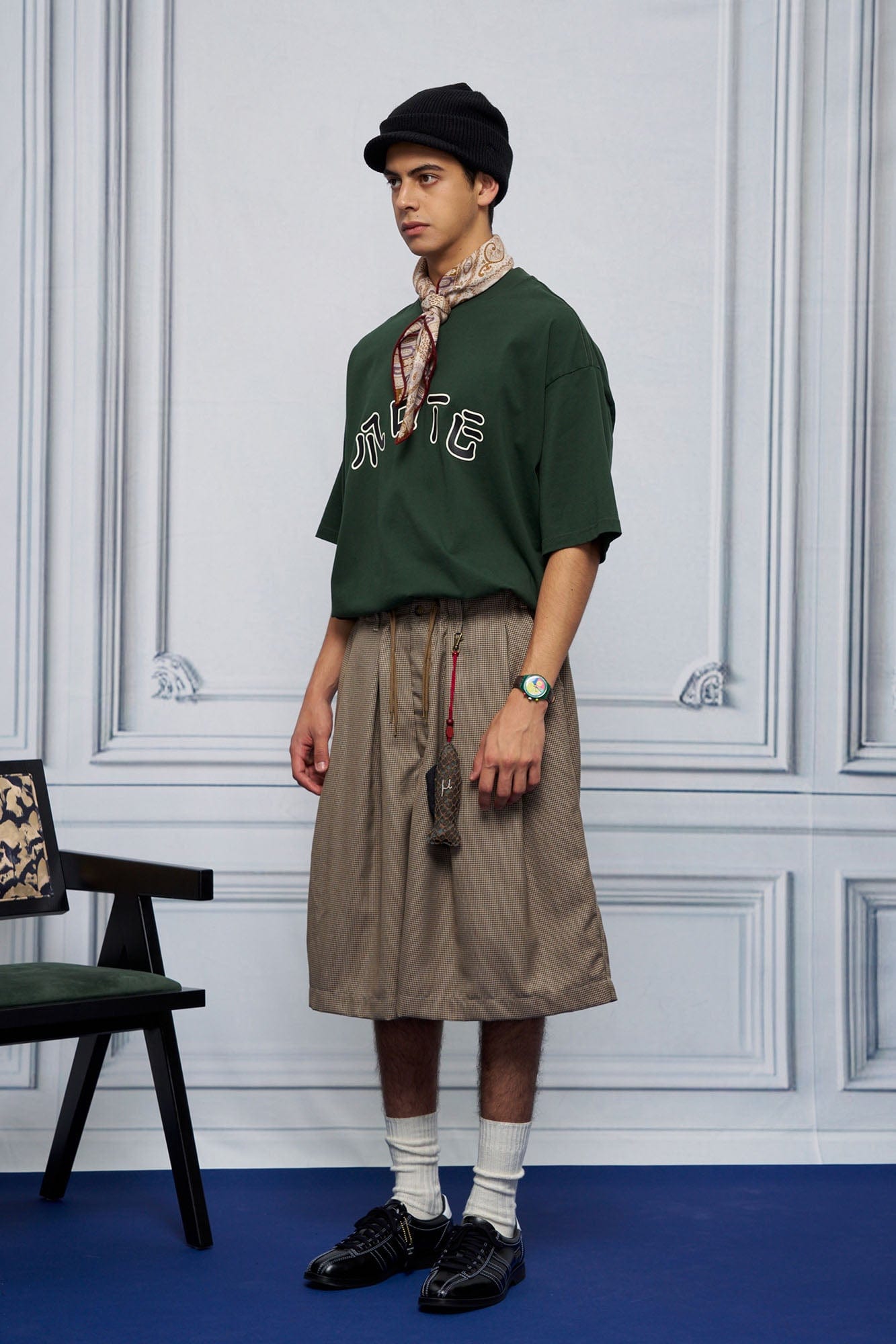 UNLIMITED MOTE Pleated Wide-Leg Drawstring Shorts Houndstooth