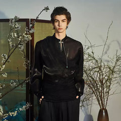 JIECHI Draped Sheer Brooch Organza Shirt