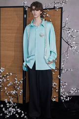 JIECHI Bloom Sequin-Draped Satin Shirt Aqua