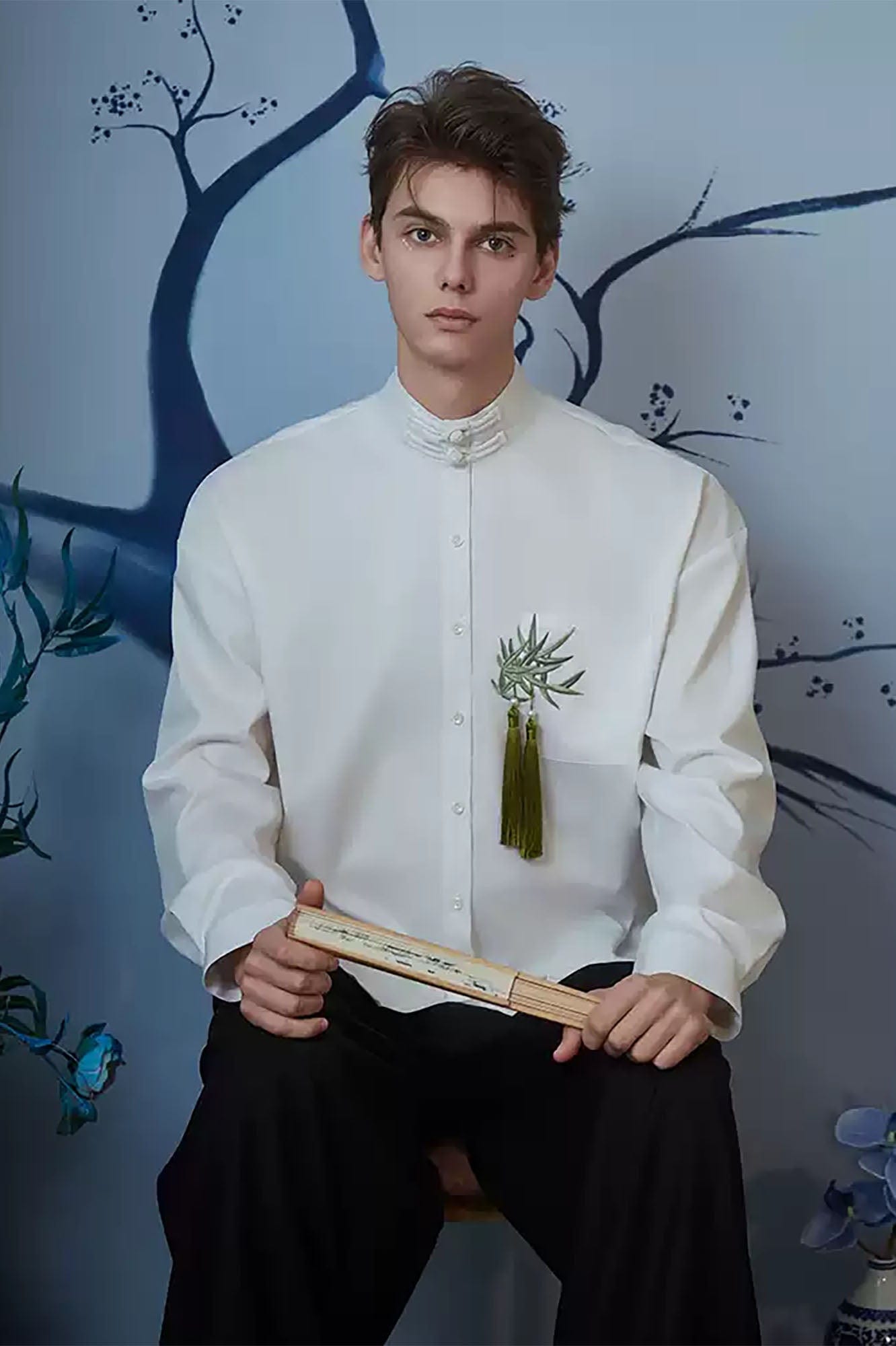 JIECHI Bamboo Tassel Embroidered Mandarin Shirt
