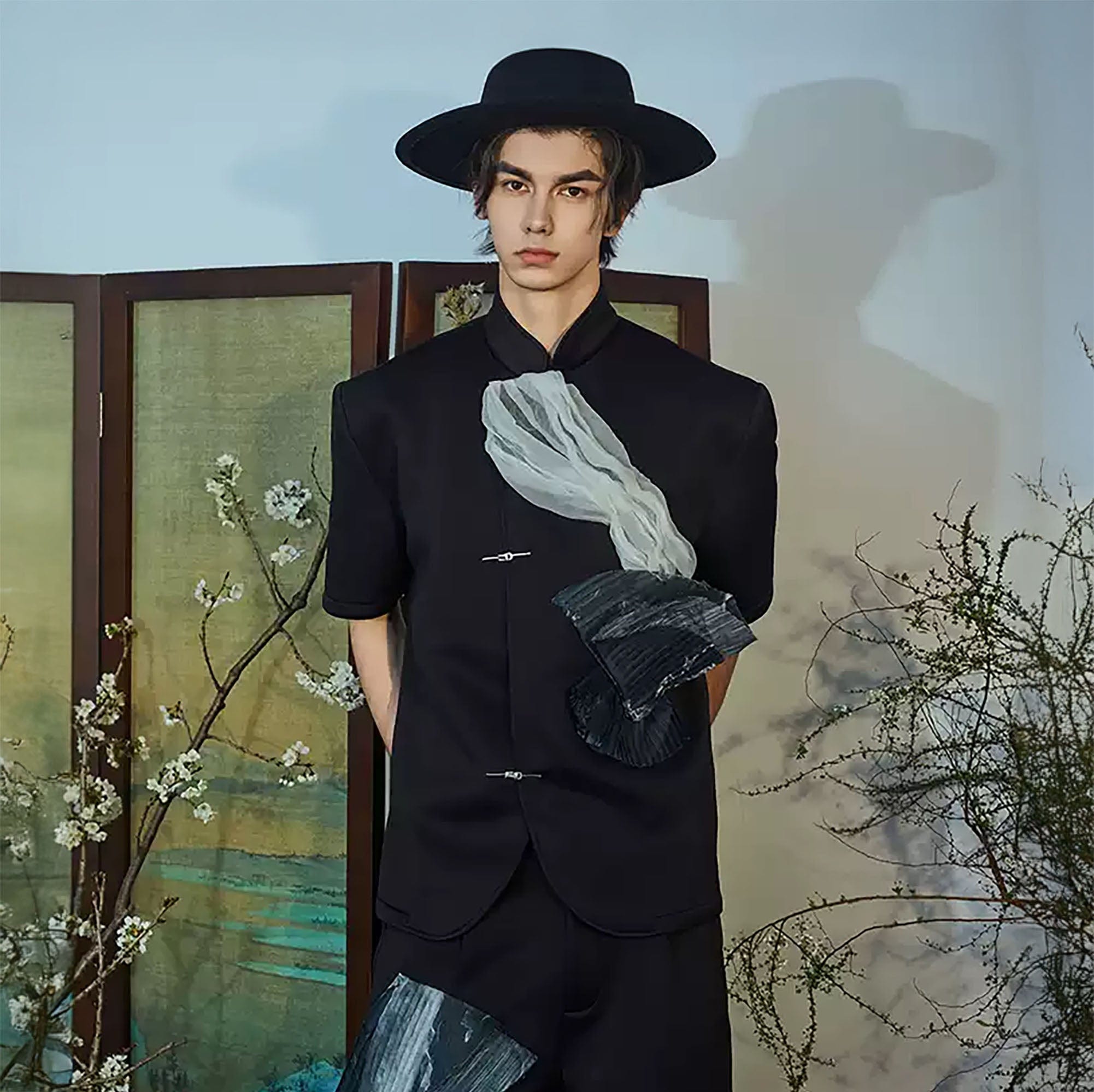 JIECHI Crinkled Tulle Layered Mandarin Collar Half Shirt