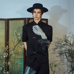 JIECHI Crinkled Tulle Layered Mandarin Collar Half Shirt