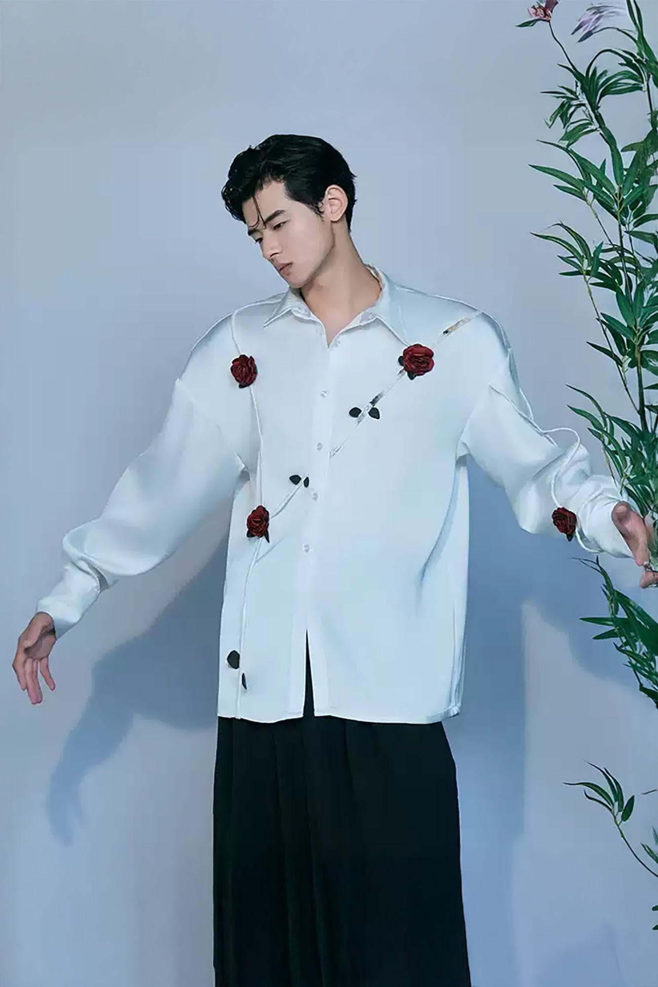 JIECHI Rose Embellished Acetate Spliced Shirt