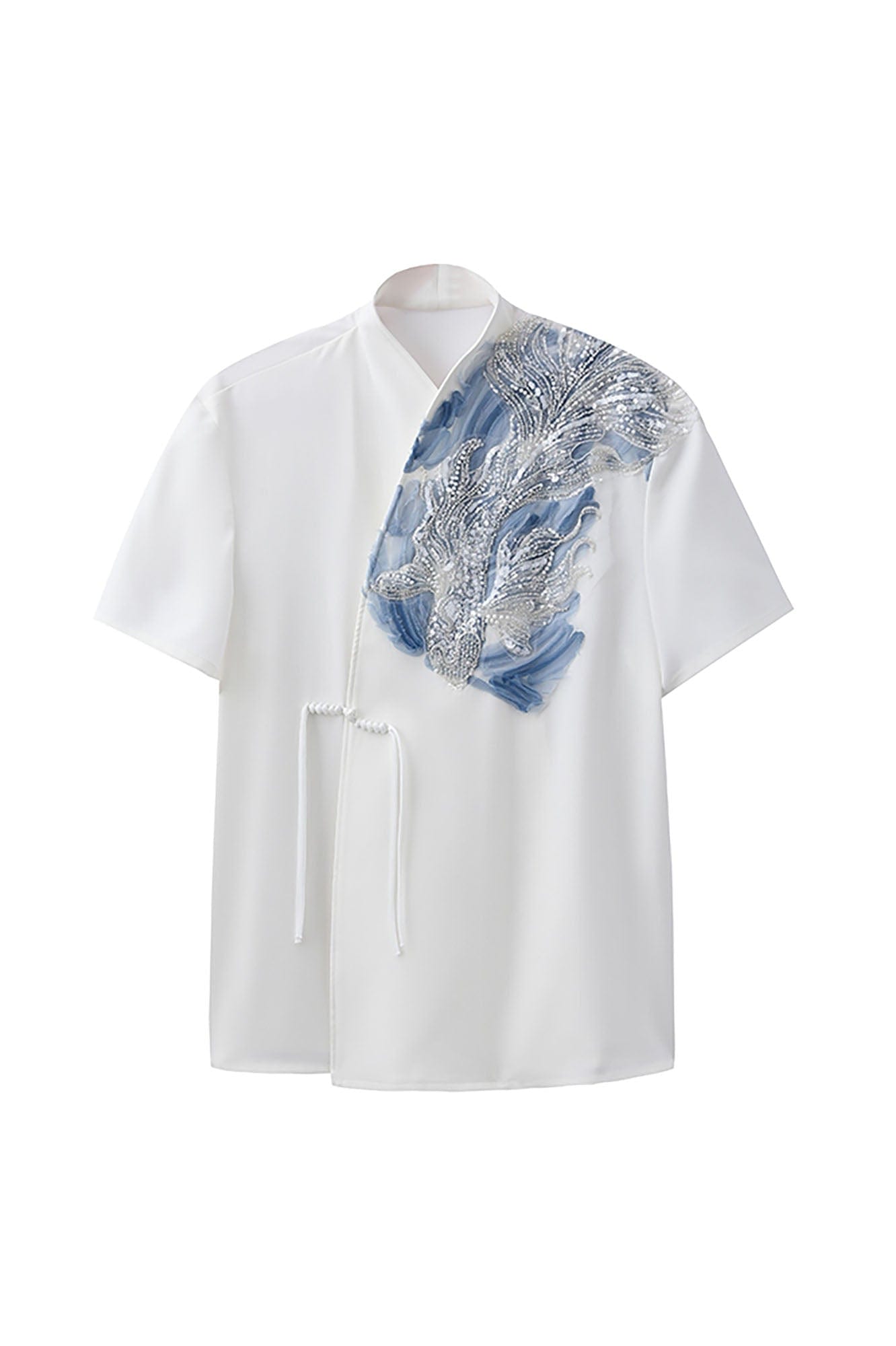 JIECHI Seascape Koi Embroidered Asymmetrical Half Shirt