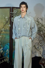 JIECHI Vine Rose Embroidered Striped Shirt