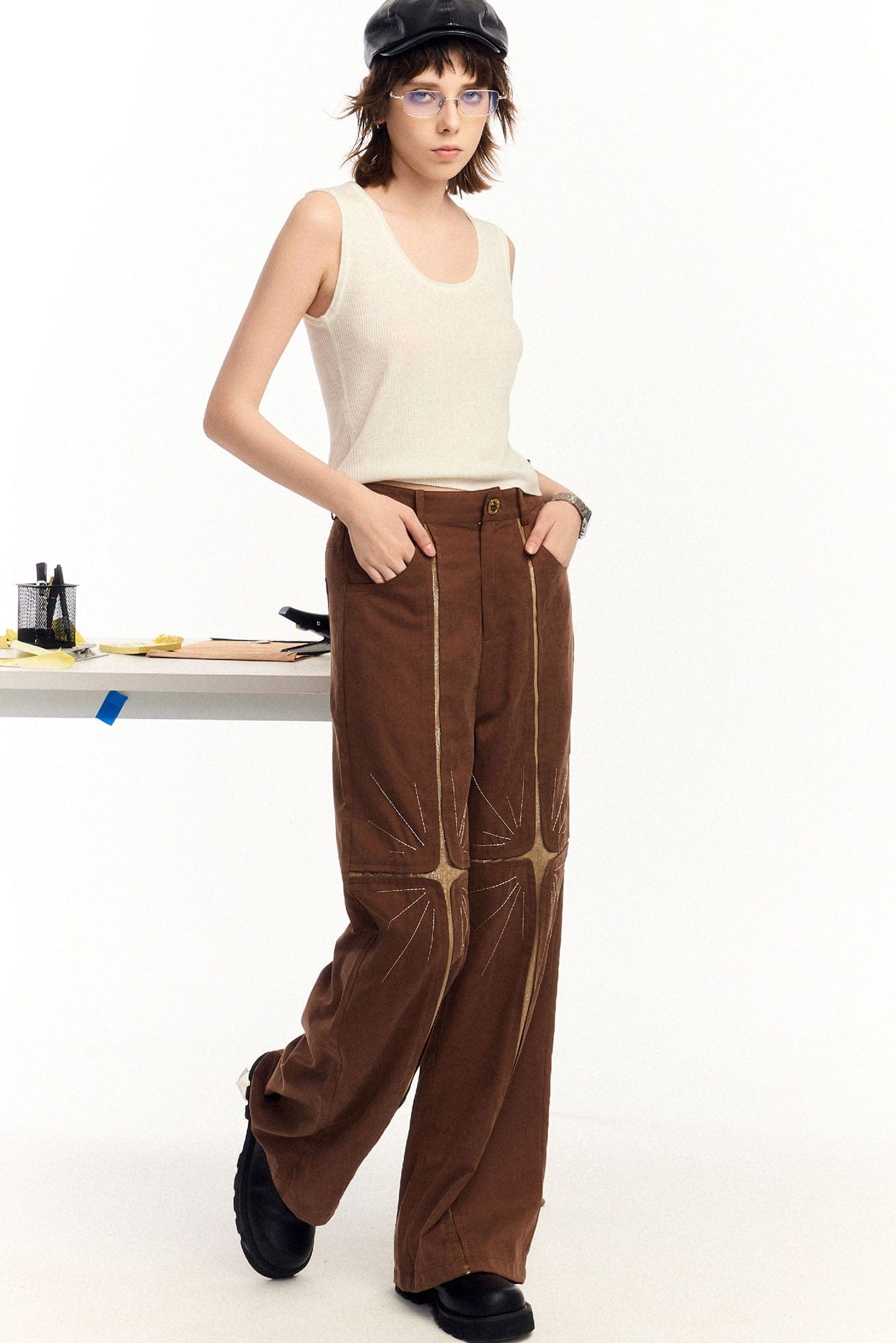 OIPWORD Middle Radiant Star Panel Wide-Leg Pants