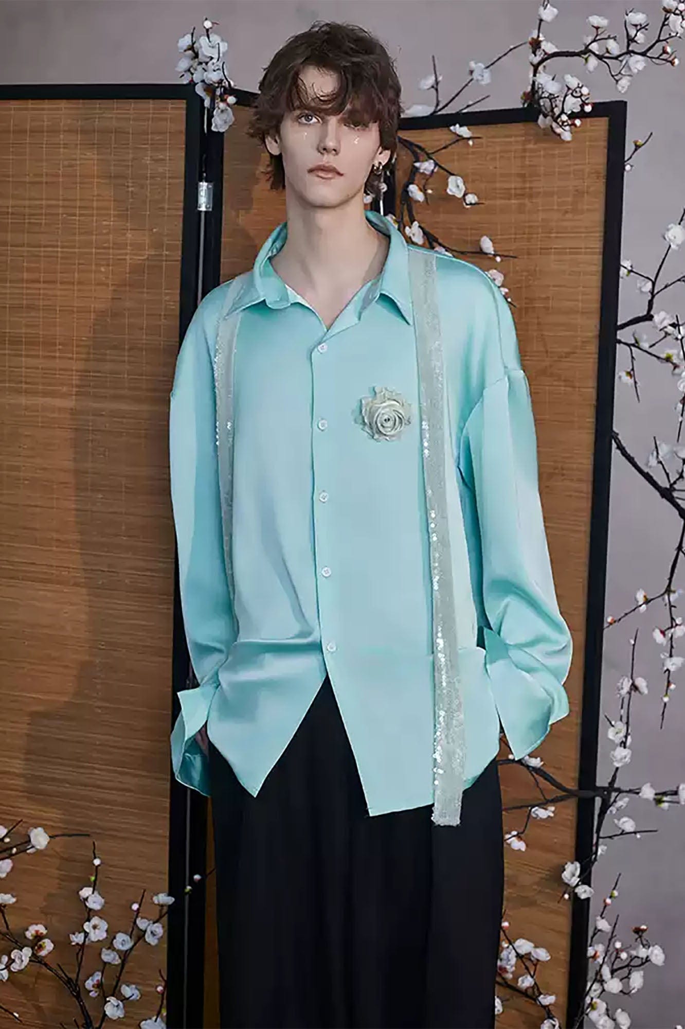 JIECHI Bloom Sequin-Draped Satin Shirt Aqua