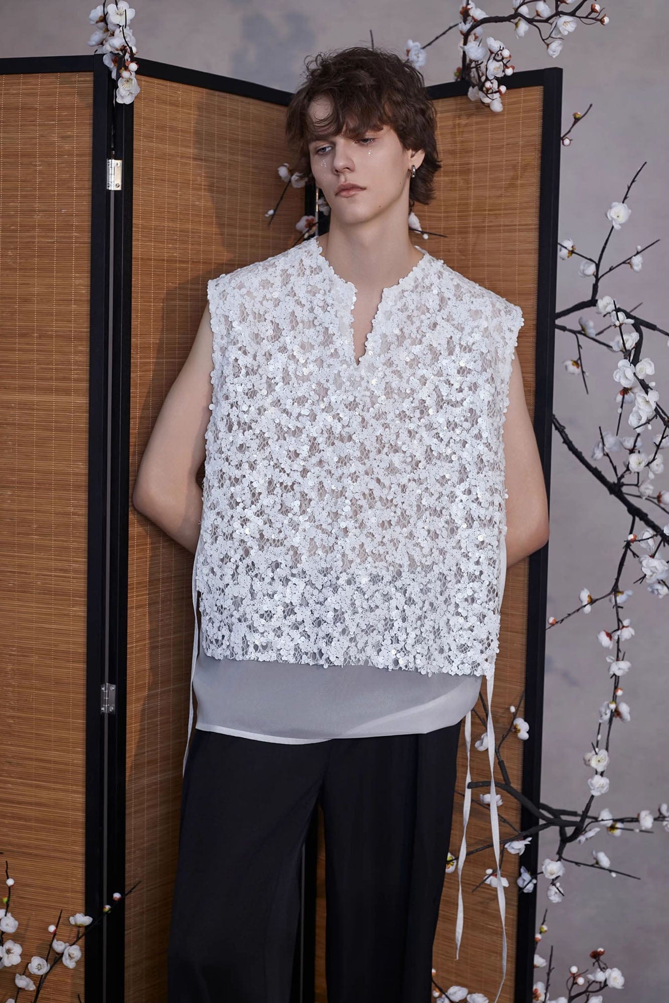 JIECHI Sequin Lace Sheer Layered Vest