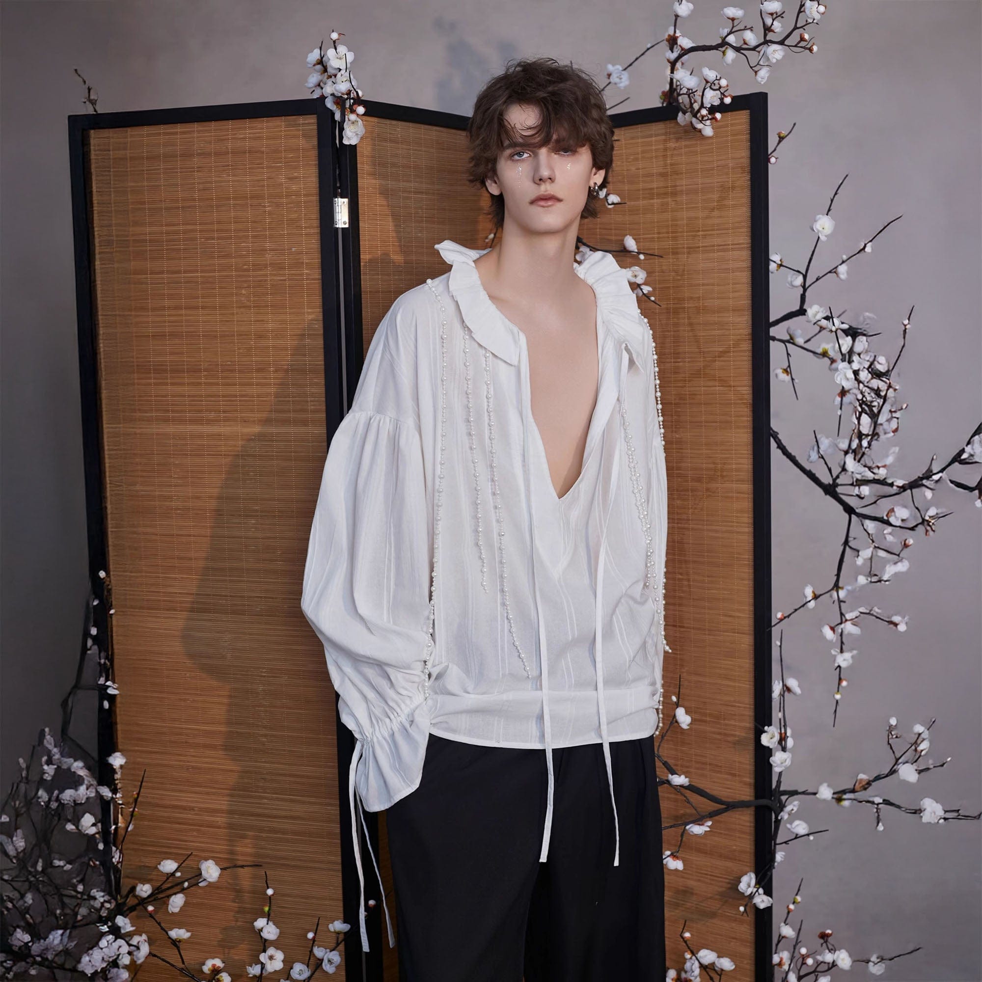 JIECHI Pearl Beading Embellished Ruffle Poet Shirt