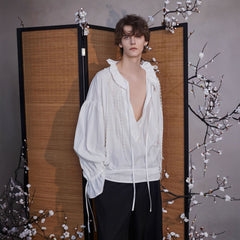 JIECHI Pearl Beading Embellished Ruffle Poet Shirt