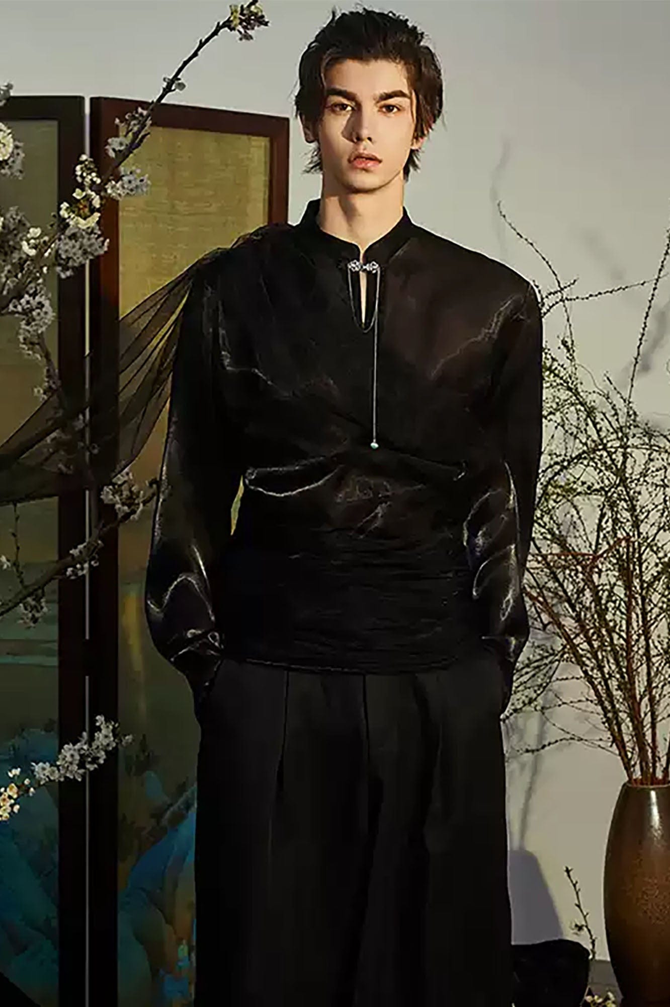 JIECHI Draped Sheer Brooch Organza Shirt
