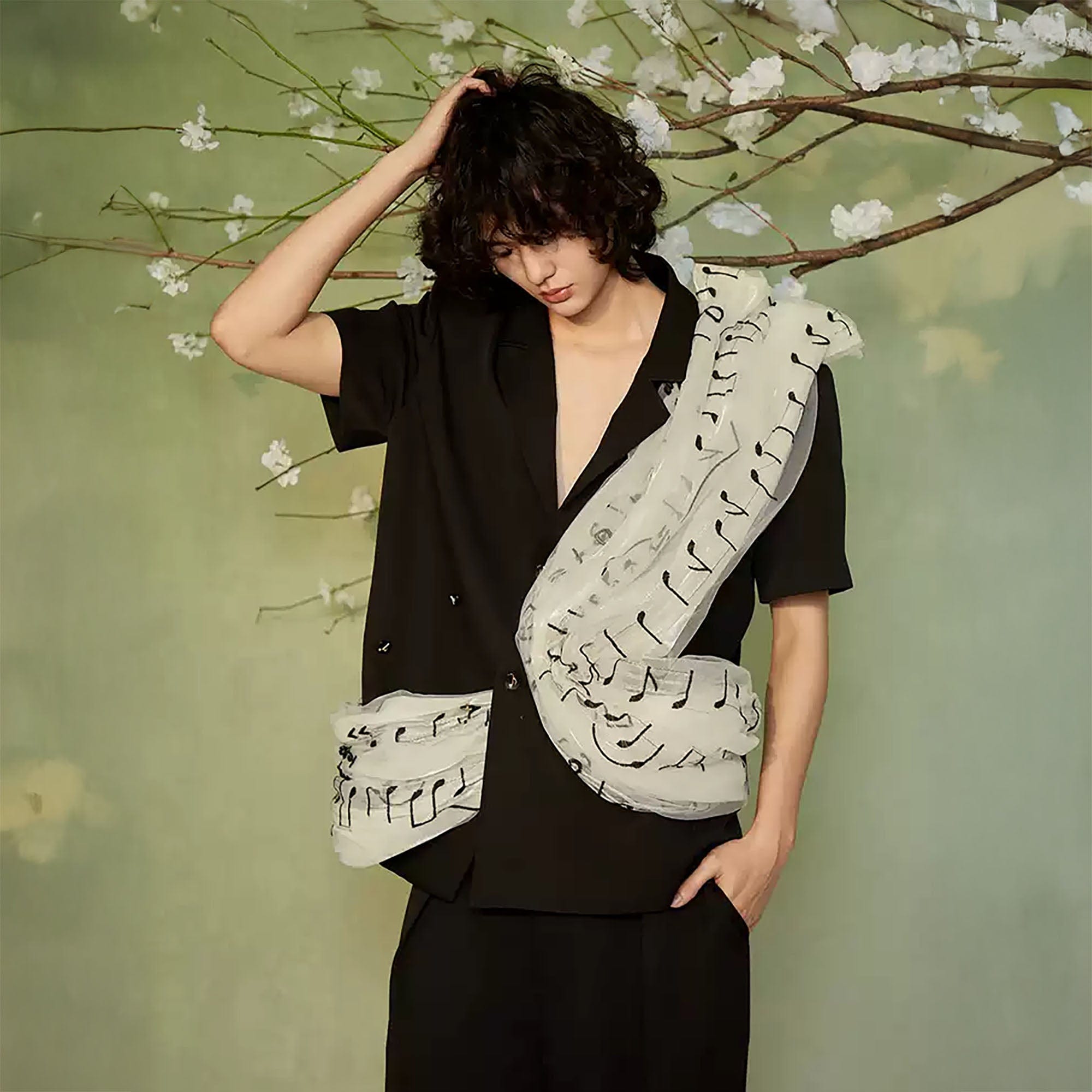 JIECHI Musical Score Layered Tulle Drape Half Shirt