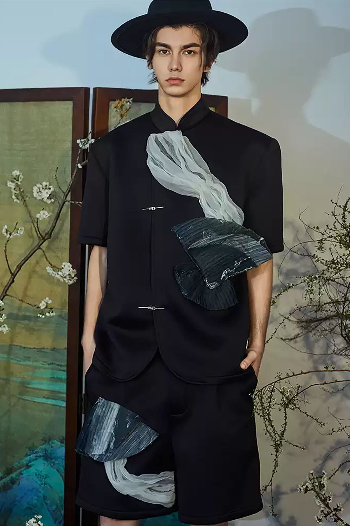 JIECHI Crinkled Tulle Layered Mandarin Collar Half Shirt