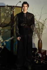 JIECHI Draped Sheer Brooch Organza Shirt
