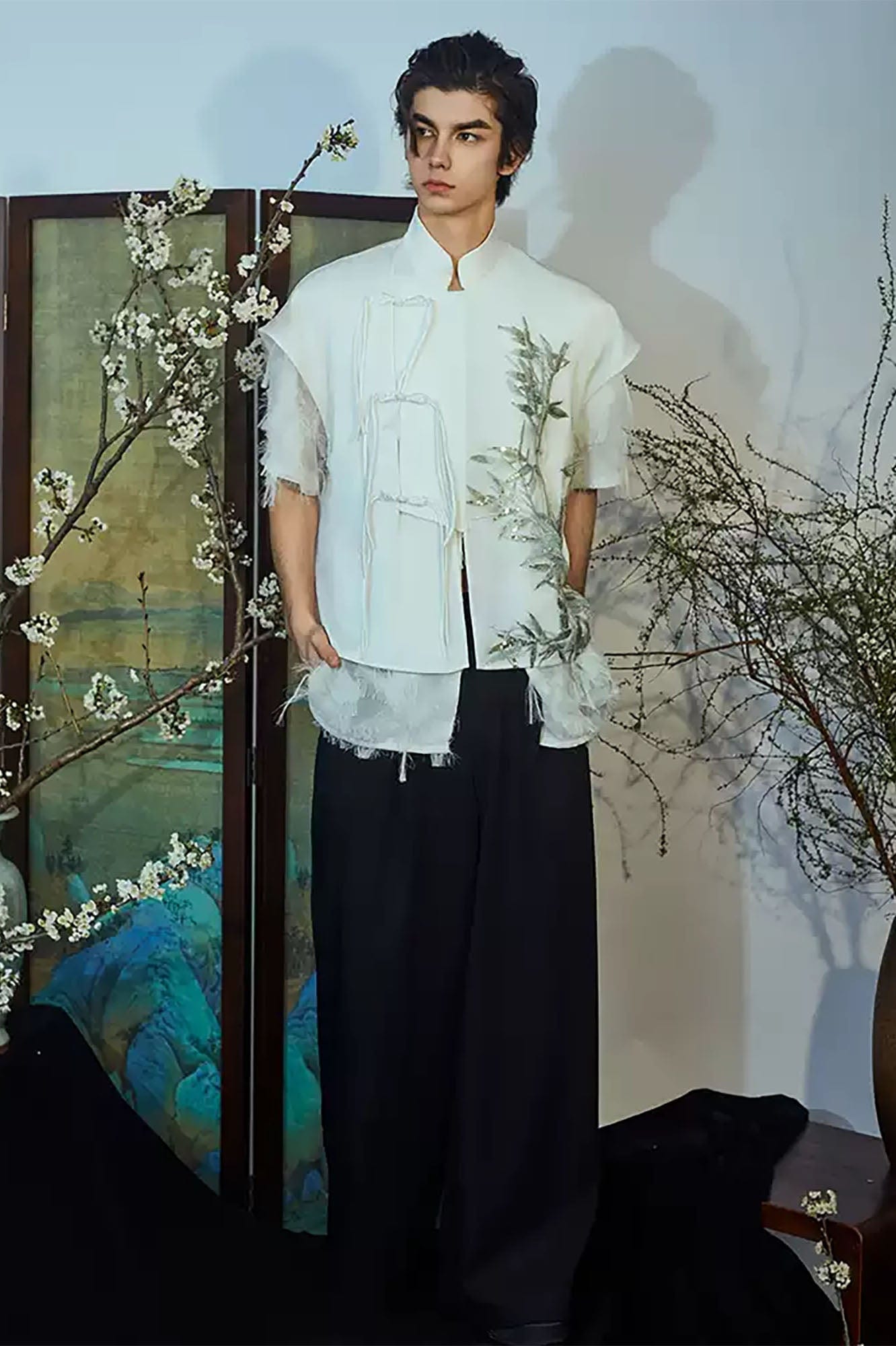 JIECHI Embroidered Bamboo Layered Mandarin Collar Half Shirt
