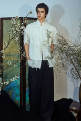 JIECHI Embroidered Bamboo Layered Mandarin Collar Half Shirt