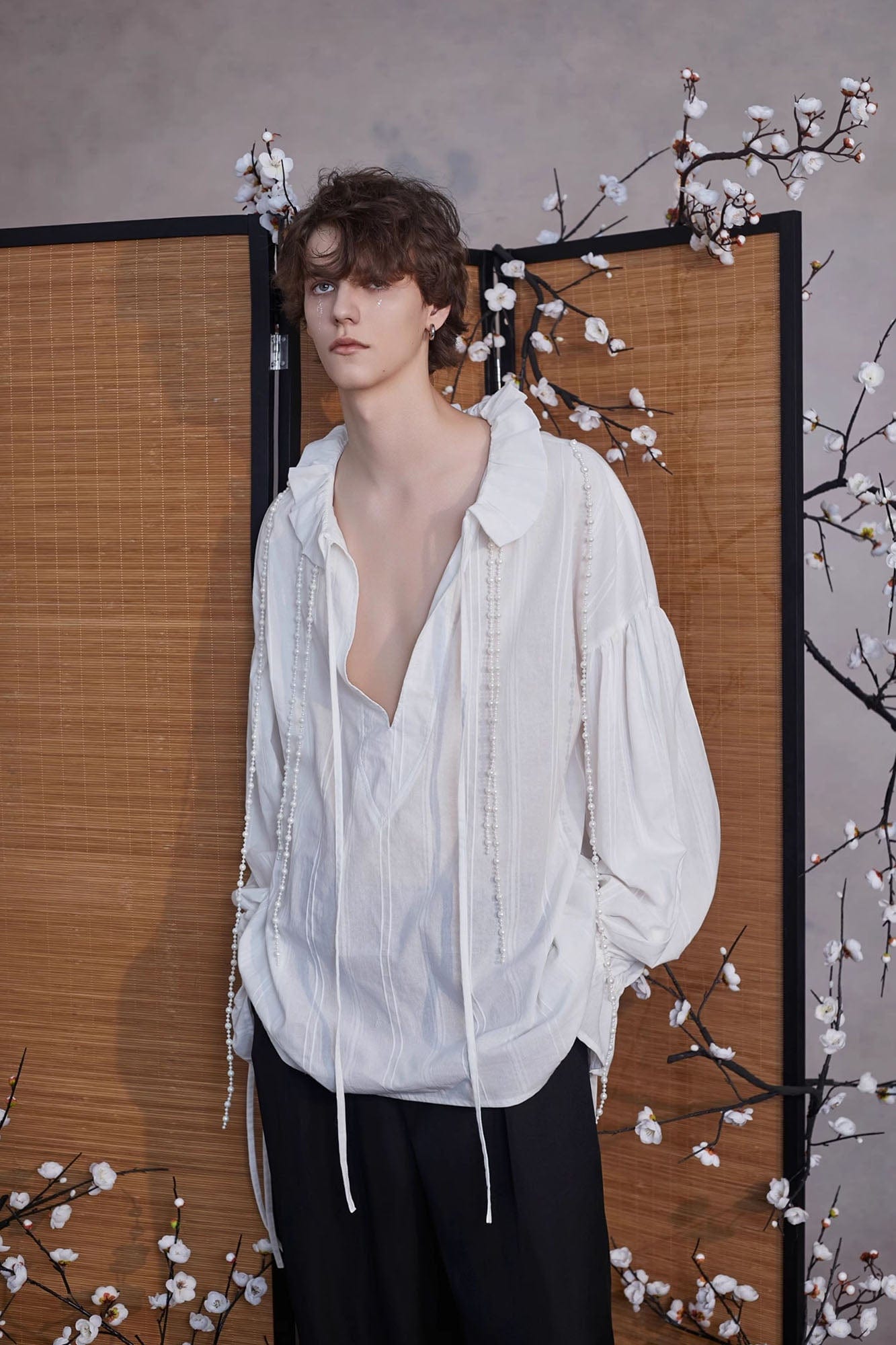 JIECHI Pearl Beading Embellished Ruffle Poet Shirt