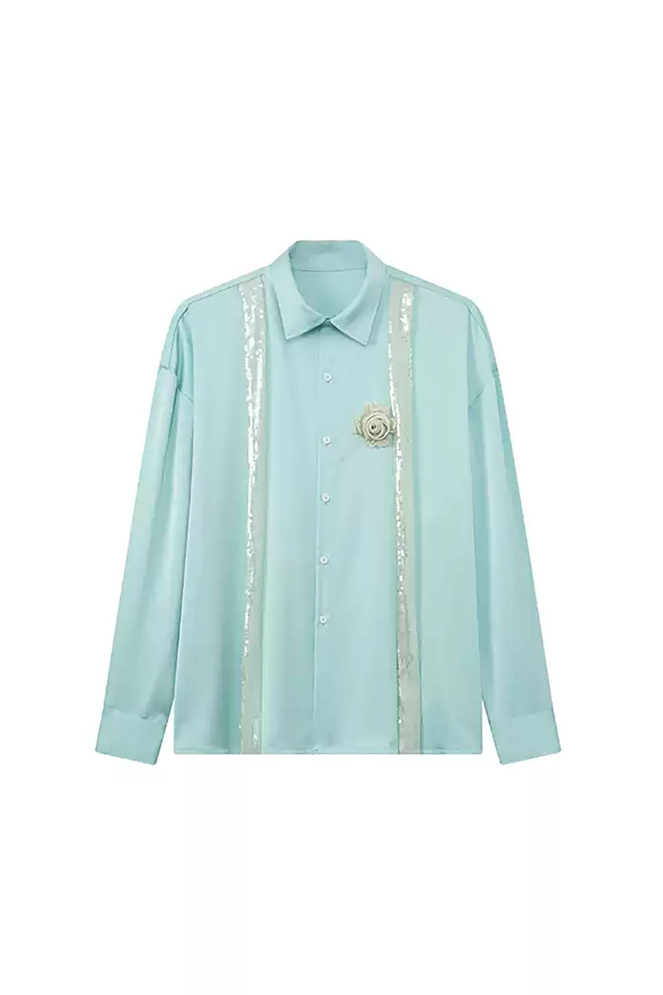 JIECHI Bloom Sequin-Draped Satin Shirt Aqua