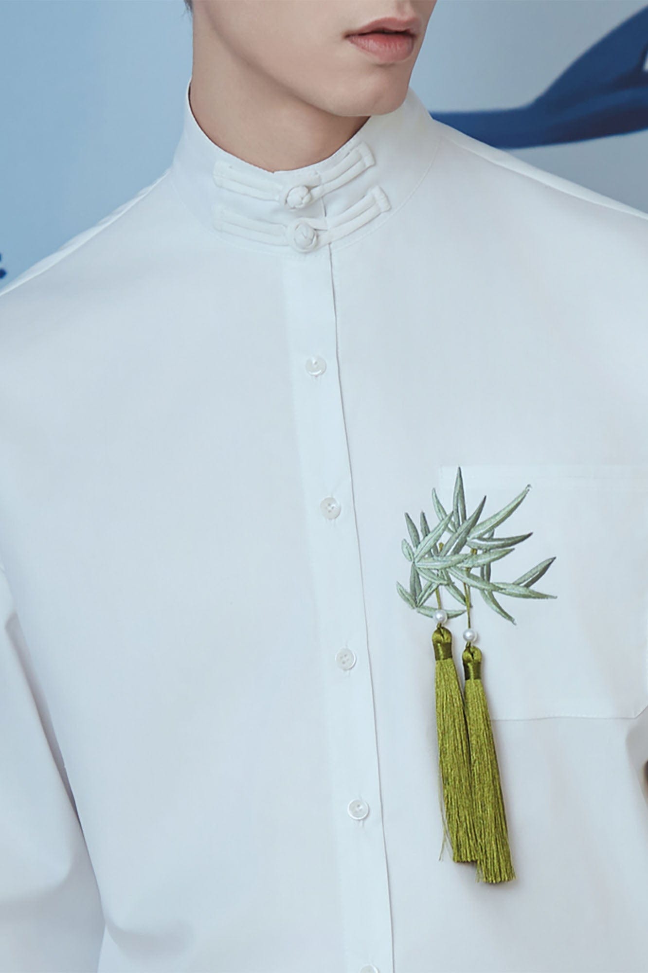 JIECHI Bamboo Tassel Embroidered Mandarin Shirt