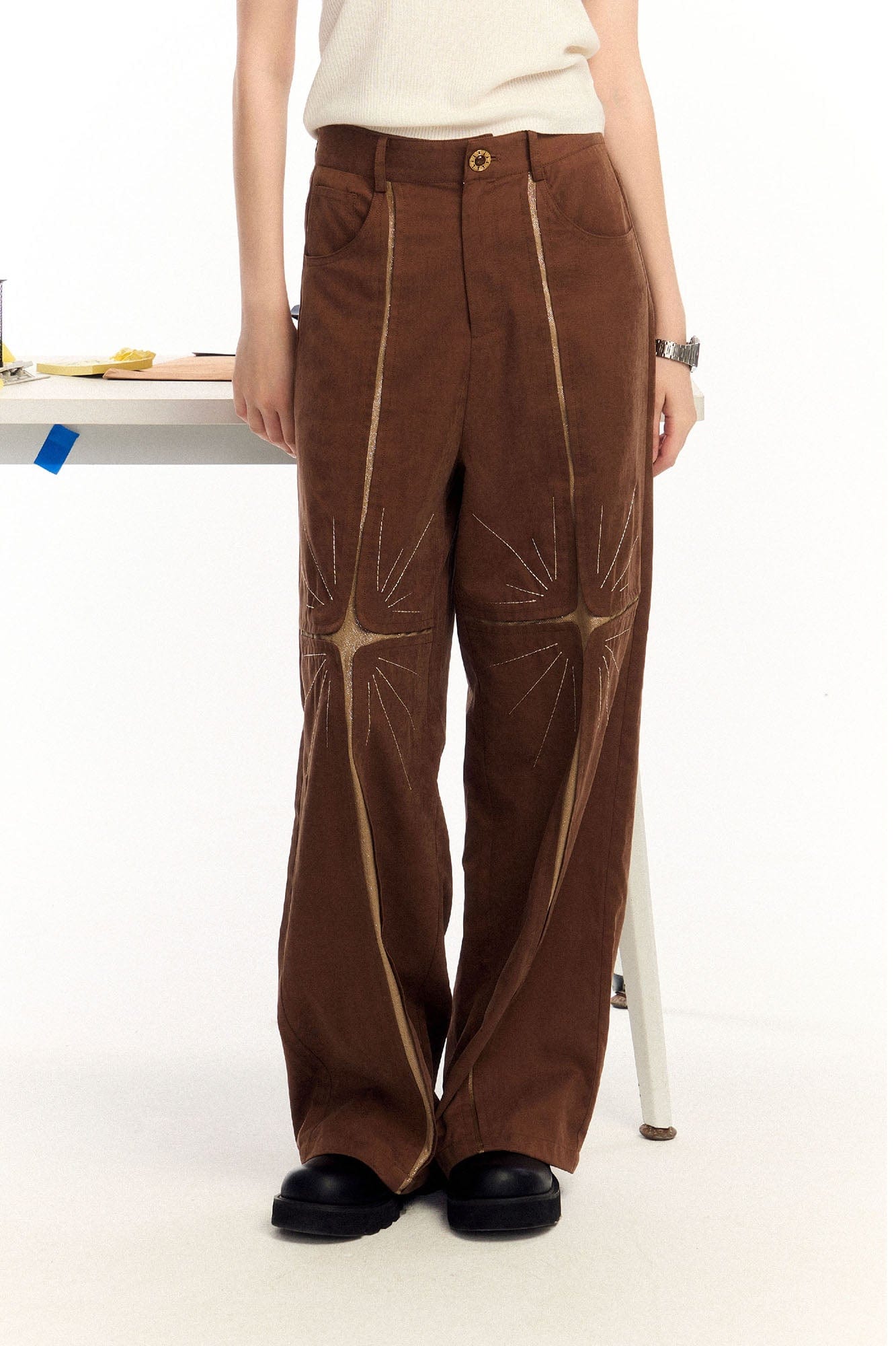 OIPWORD Middle Radiant Star Panel Wide-Leg Pants
