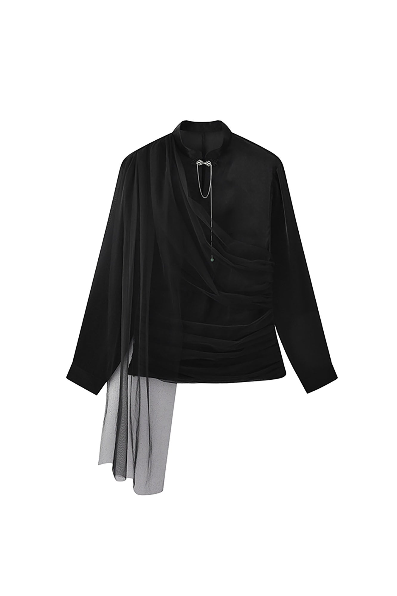 JIECHI Draped Sheer Brooch Organza Shirt