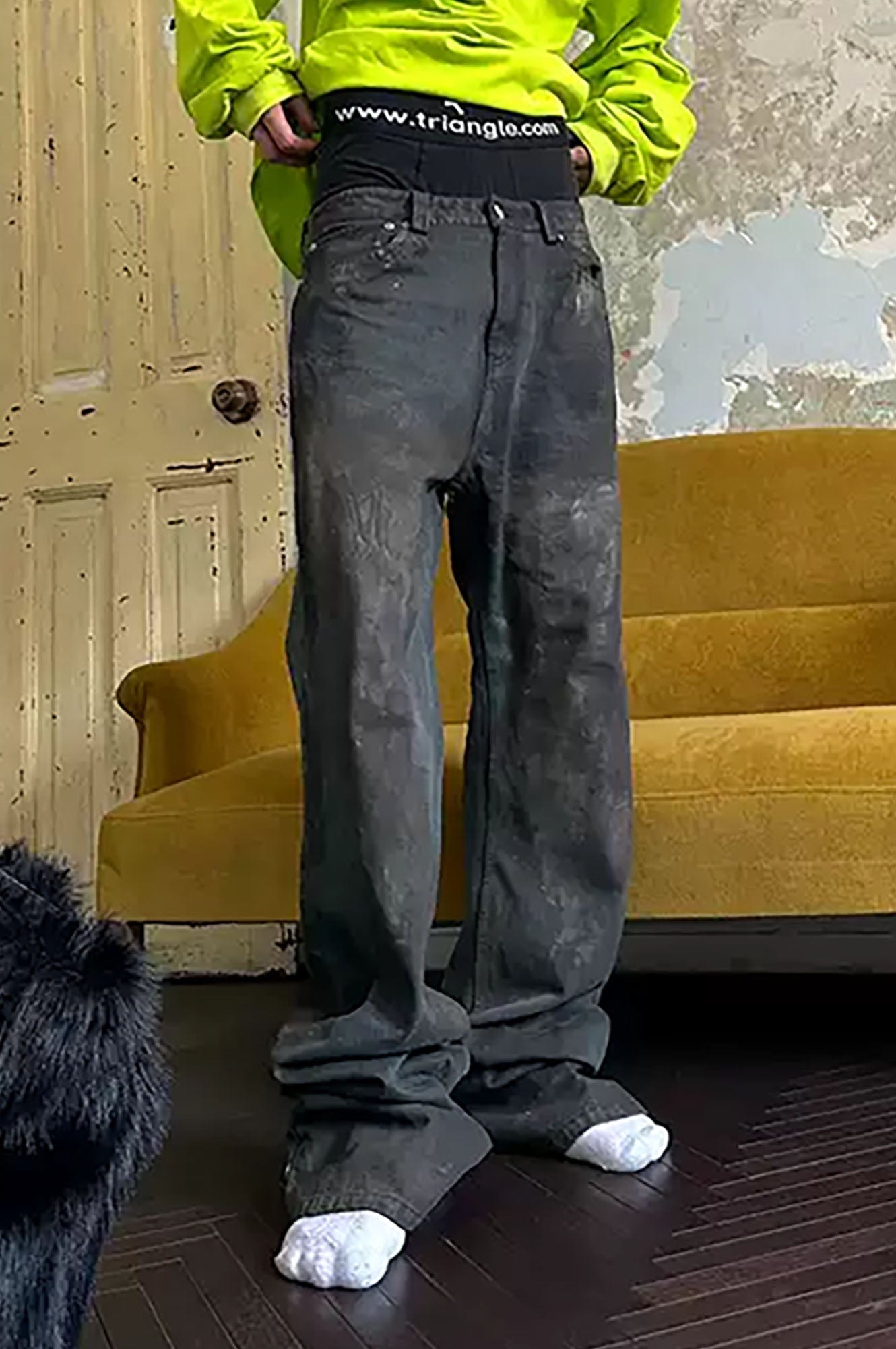 TRIANGLE PROJECT Dirty-Washed Paint-Splattered Straight-Leg Denim Pants