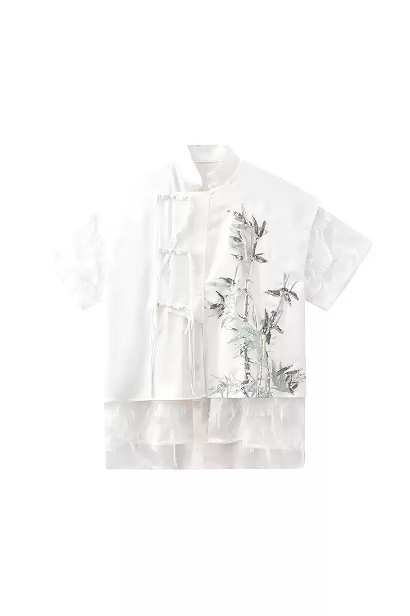 JIECHI Embroidered Bamboo Layered Mandarin Collar Half Shirt